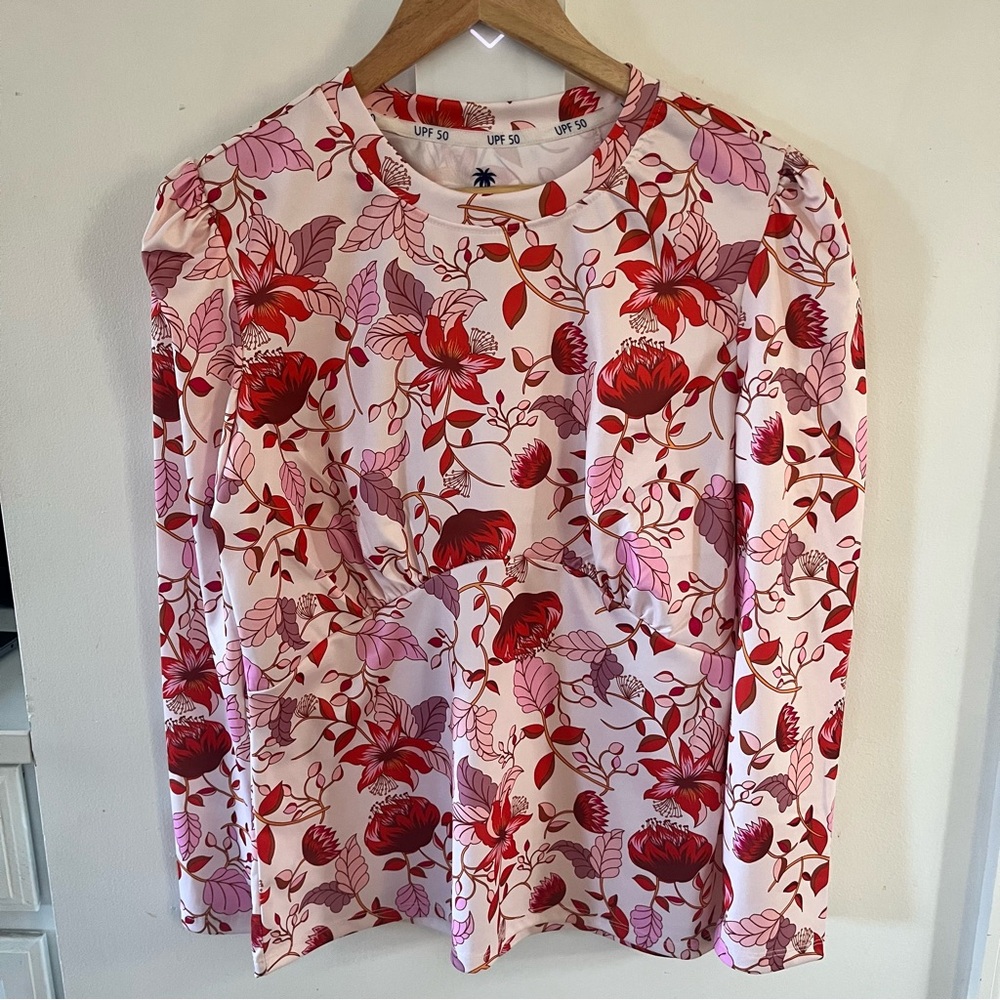 TENTH + OCEAN SPF 50 floral long sleeve top beach sun surf athletics swim sz L